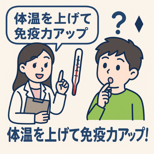 白衣の女性医師が「体温を上げて免疫力アップ」と説明し、隣で驚いた表情の若い男性が話を聞いている漫画風イラスト。背景に体温計と大きな疑問符。
