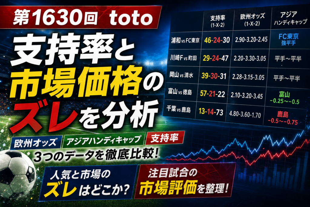 第1630回totoの支持率と市場価格のズレを欧州オッズとアジアハンディキャップで分析したアイキャッチ画像