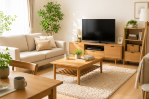 ソファやテレビボードを配置した明るいリビング家具のイメージ