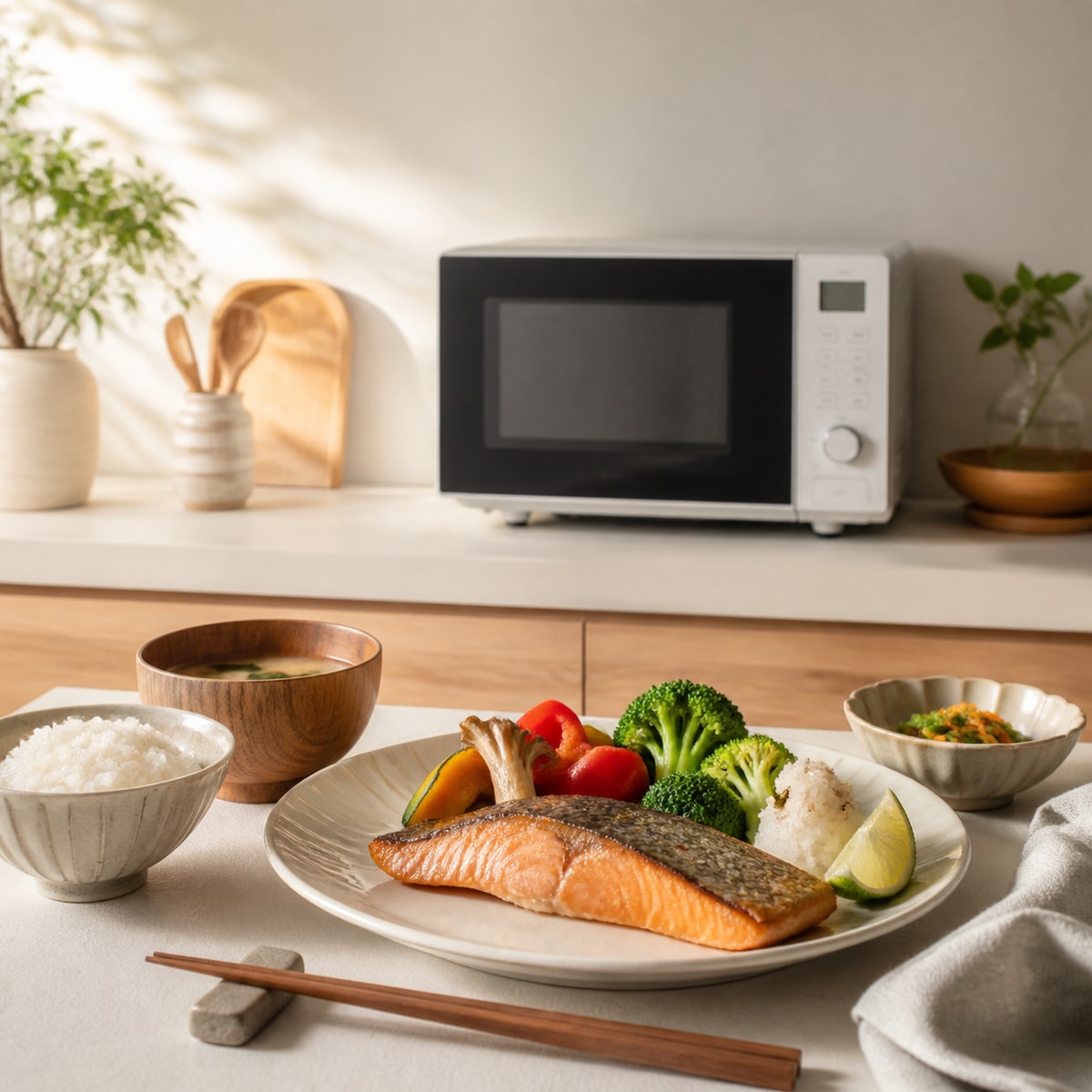 電子レンジと焼き魚の食卓を表したレンジメートプロ紹介画像