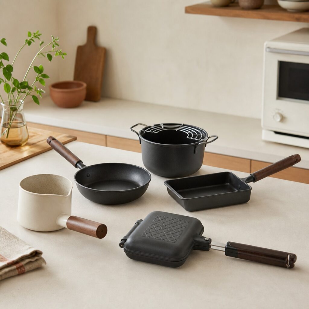 小さな台所で使いやすいフライパン、卵焼き器、ミルクパン、揚げ鍋、ホットサンドメーカー